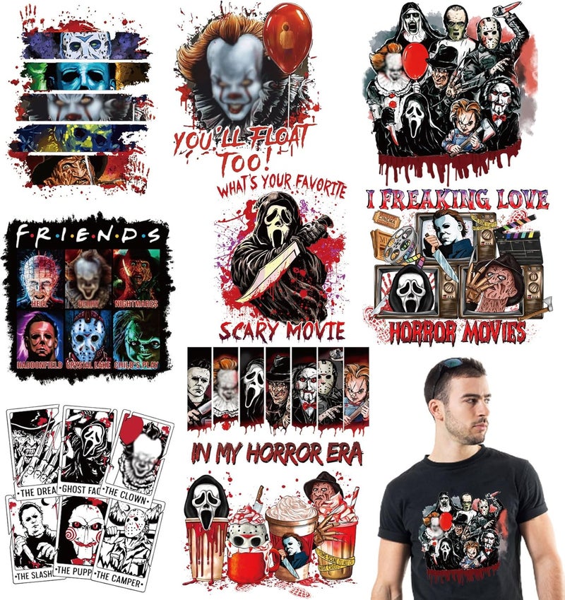 BANBBUR 9 Sheets Halloween Iron on Transfers for T-Shirts,Halloween DTF Transfers Ready to Press Heat Transfer Vinyl,Horror Movie Iron on Patches Sticker Halloween Iron on Decals for T-Shirt Clothes DIY - Image 1